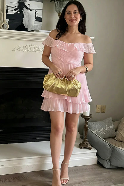 Chic Pink Off-The-Shoulder Pleated Tier Ruffle Chiffon A Line Short Homecoming Dress AS1192