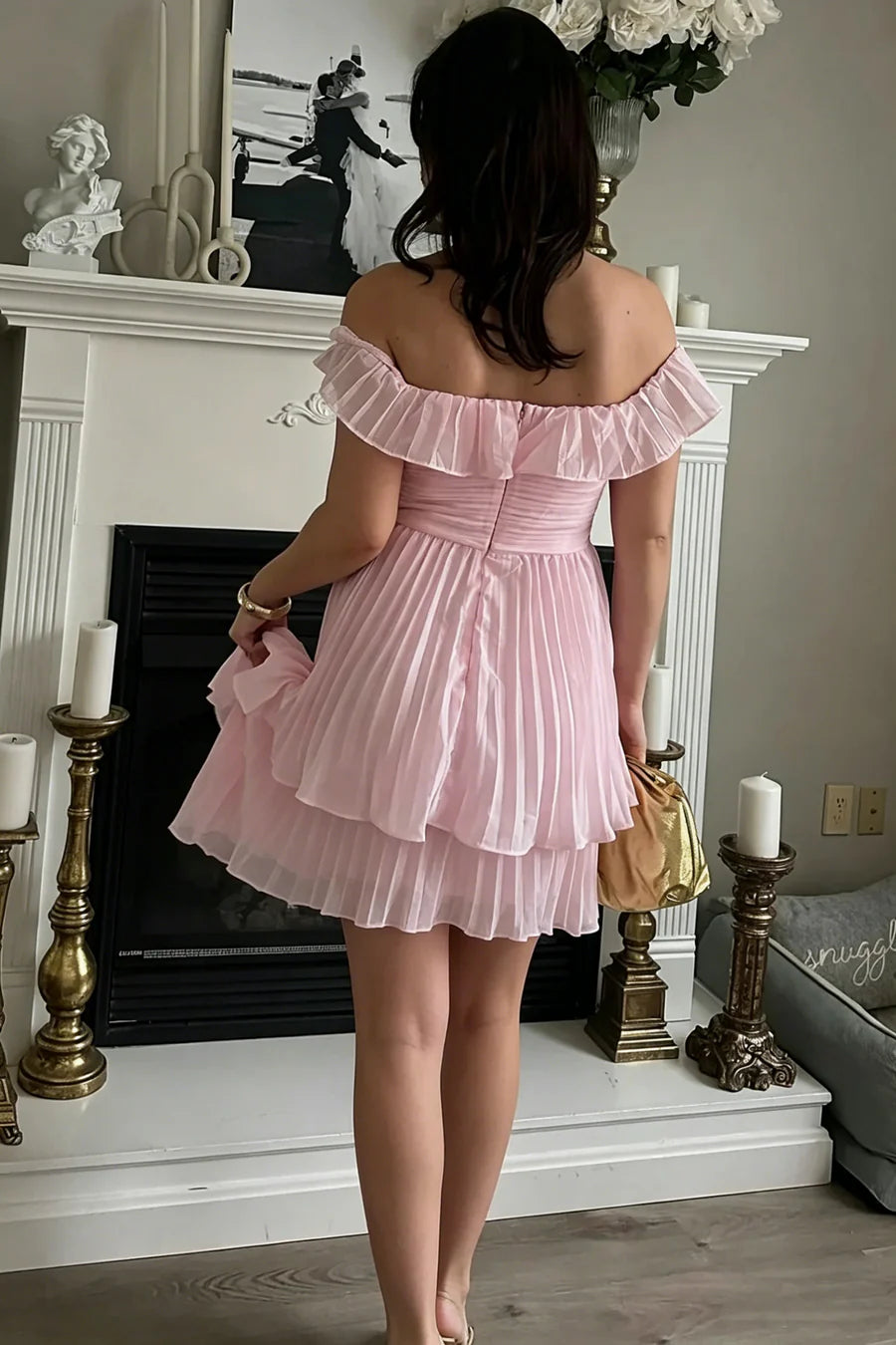 Chic Pink Off-The-Shoulder Pleated Tier Ruffle Chiffon A Line Short Homecoming Dress AS1192