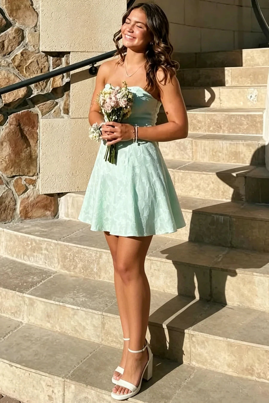 Gentle Mint Green Jacquard Strapless A-Line Short Homecoming Dress AS1193