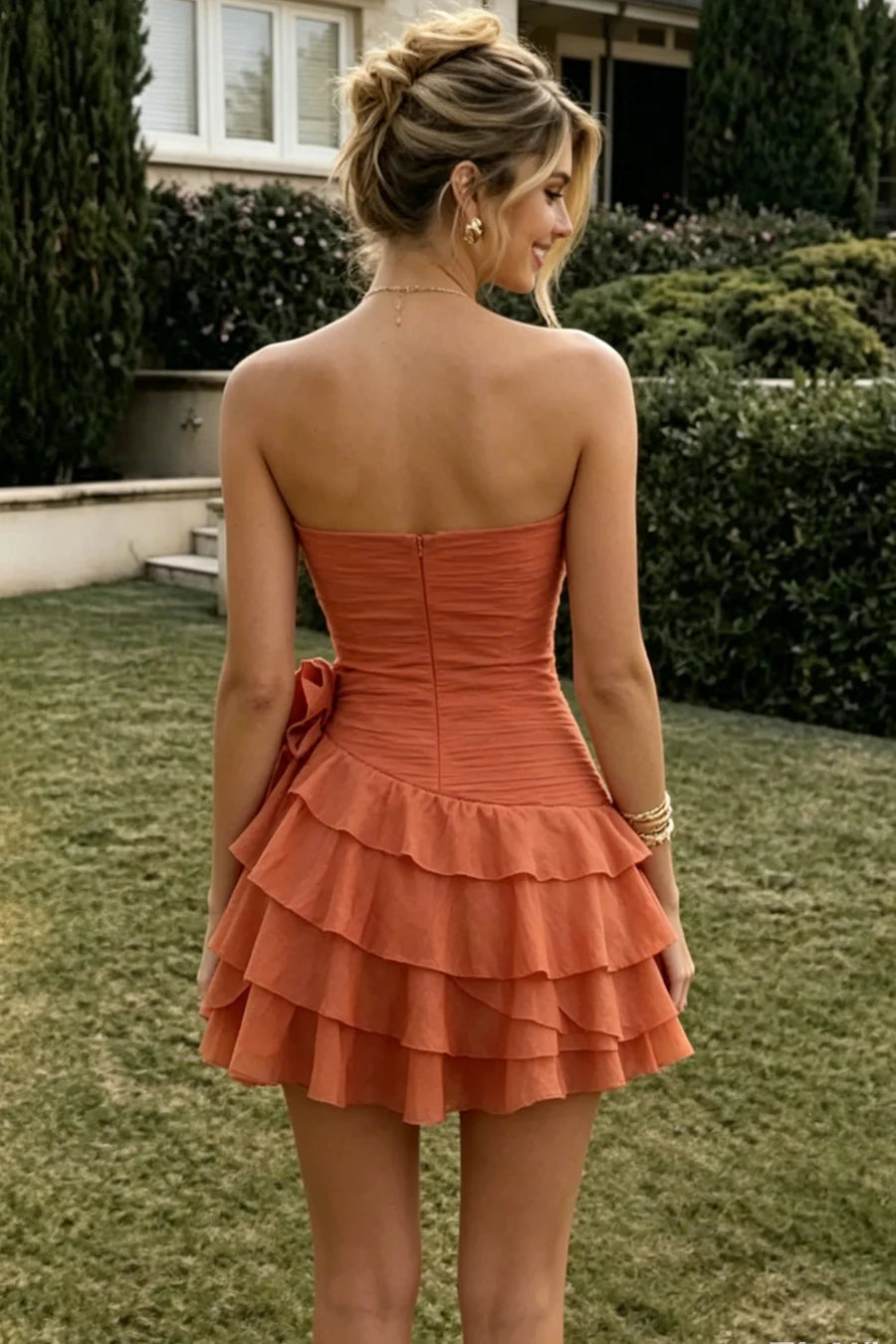 Romatic Orange Strapless 3D Floral Tier Ruffles Chiffon A-Line Short Homecoming Dress AS1194