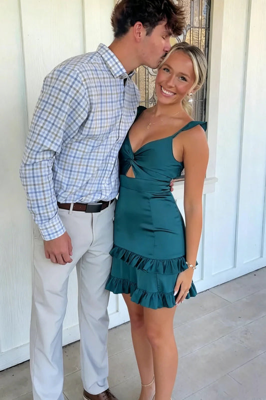 Opulent Teal V-Neck Twist Cutout Straps Tier Ruffle Hem Satin Bodycon Short Homecoming Dress AS1195