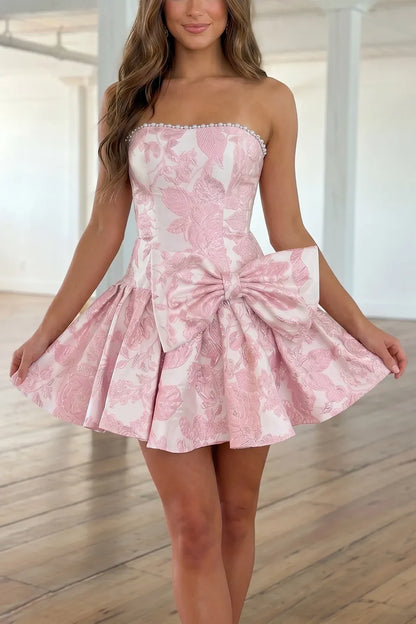 Elegant Pink Strapless Jacquard Pearl Trim Oversized Side Bow A Line Short Homecoming Dress AS1196