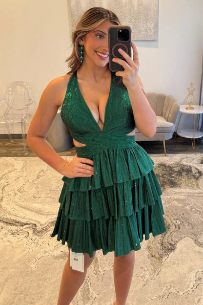 Sexy Deep V-Neck A-Line Cross Back Short Beaded Tiered Homecoming Dress AS120