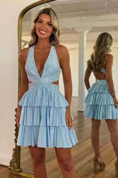 Sexy Deep V-Neck A-Line Cross Back Short Beaded Tiered Homecoming Dress AS120