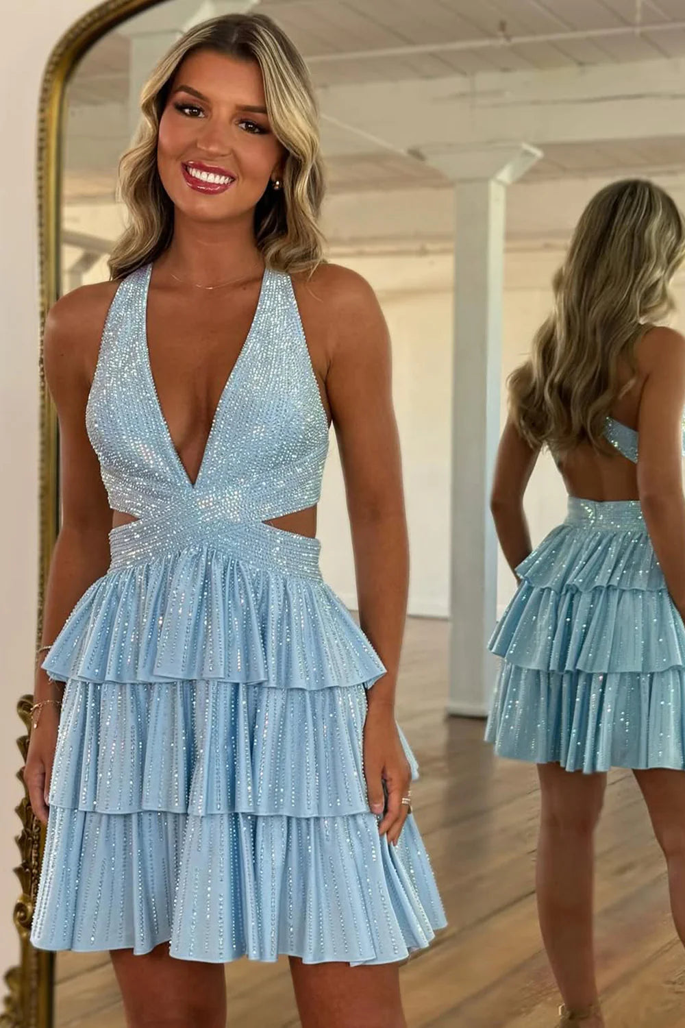 Sexy Deep V-Neck A-Line Cross Back Short Beaded Tiered Homecoming Dress AS120