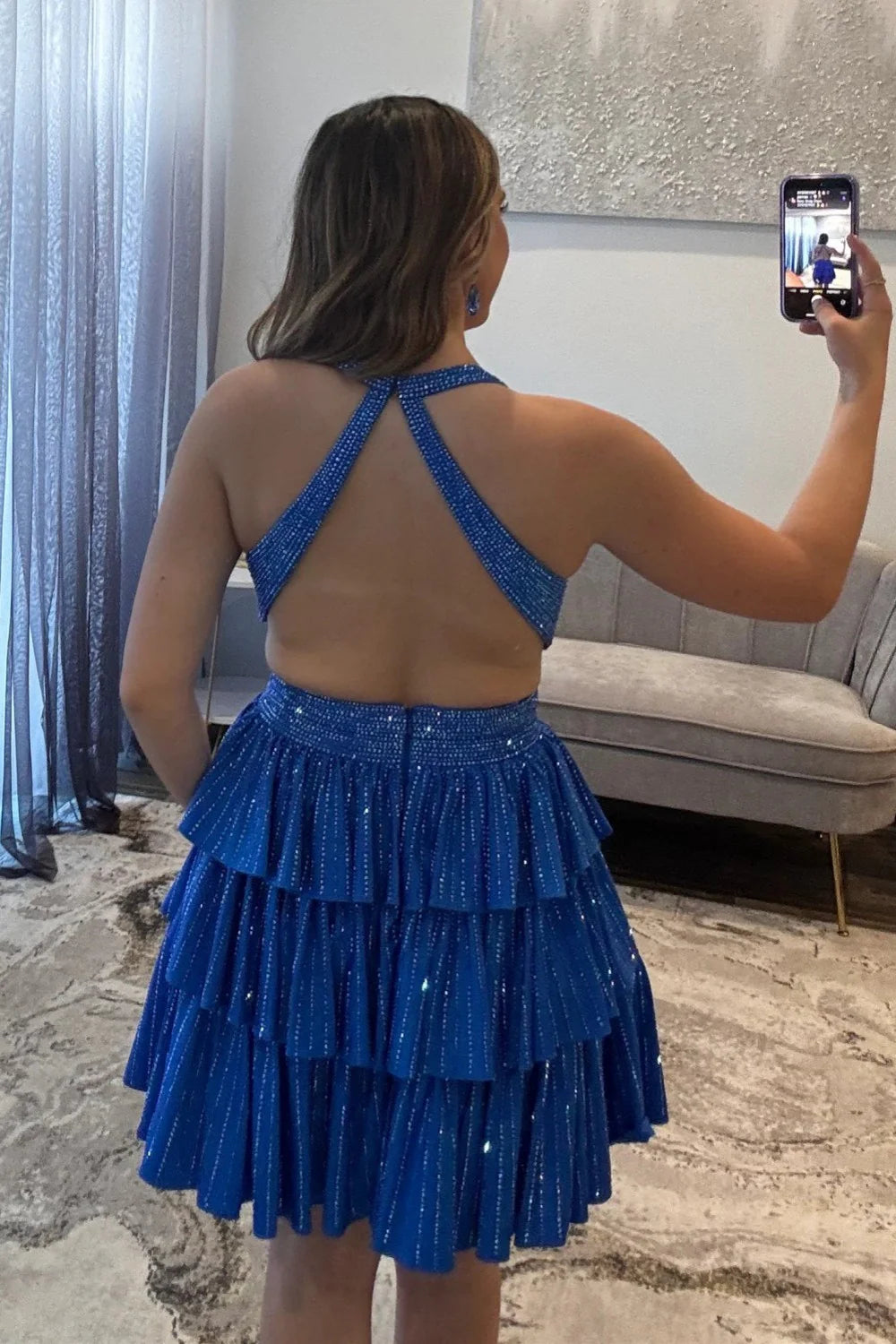 Sexy Deep V-Neck A-Line Cross Back Short Beaded Tiered Homecoming Dress AS120