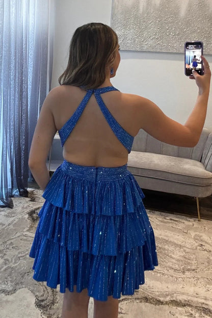 Sexy Deep V-Neck A-Line Cross Back Short Beaded Tiered Homecoming Dress AS120
