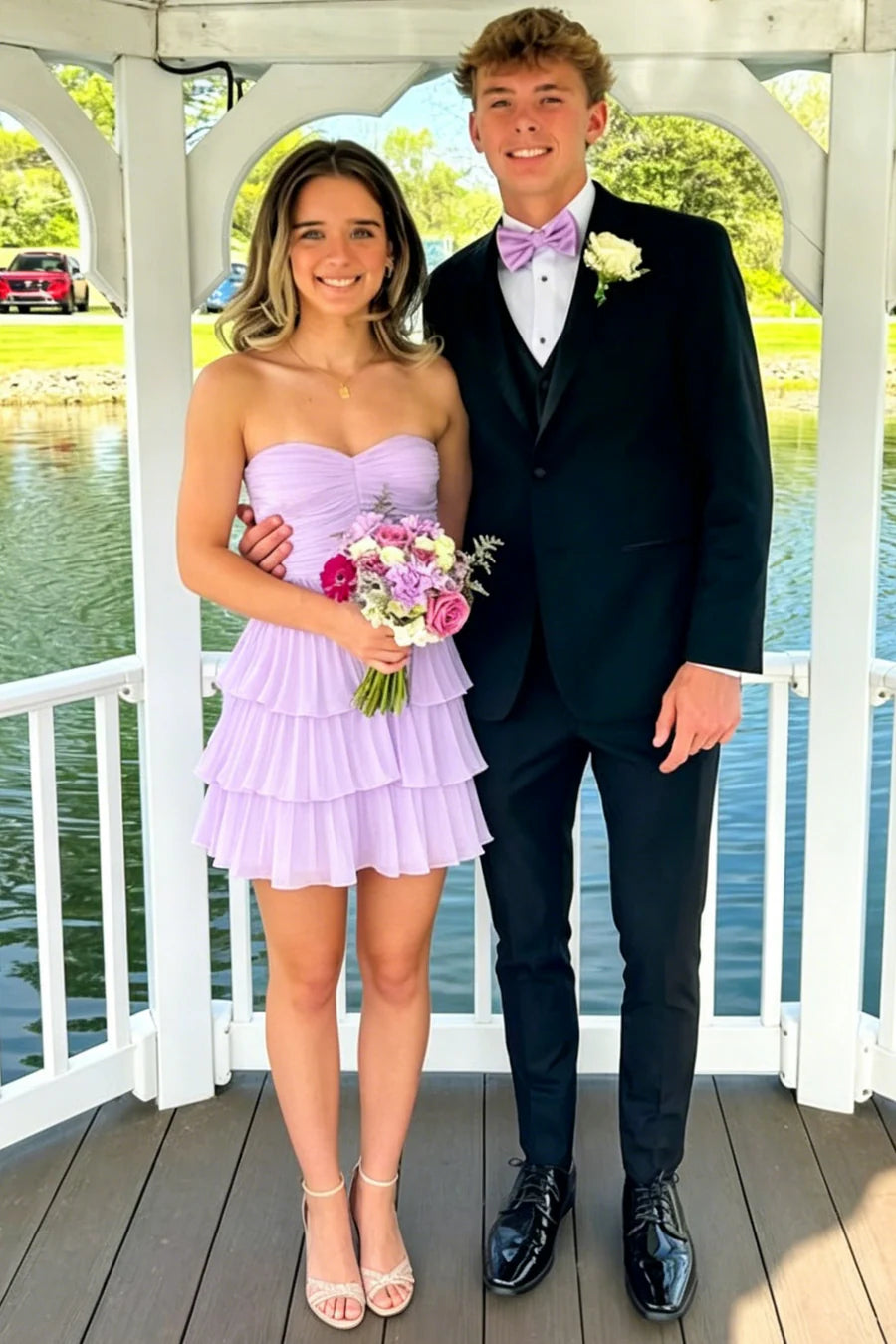 Gentle Lavender Strapless Ruched Sweetheart Neck Tier Chiffon A Line Short Homecoming Dress AS1201