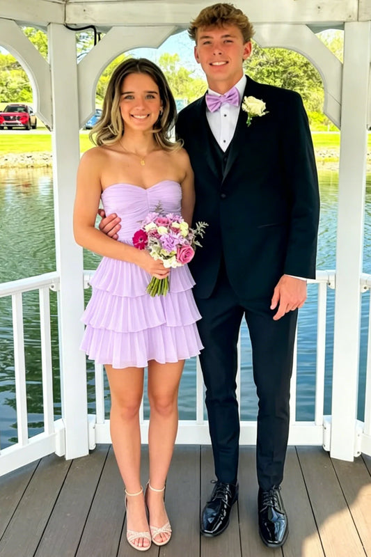 Gentle Lavender Strapless Ruched Sweetheart Neck Tier Chiffon A Line Short Homecoming Dress AS1201