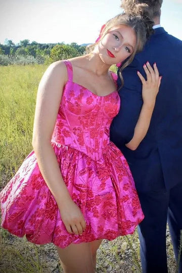 Chic Hot Pink Straps Sweetheart Neck Jacquard A-Line Puffy Short Homecoming Dress AS1202