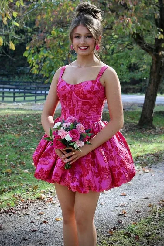 Chic Hot Pink Straps Sweetheart Neck Jacquard A-Line Puffy Short Homecoming Dress AS1202