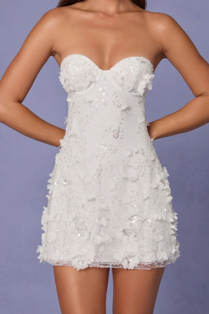 Gorgeous White Strapless Sweetheart Floral Appliques Sequins A-Line Short Homecoming Dress AS1203