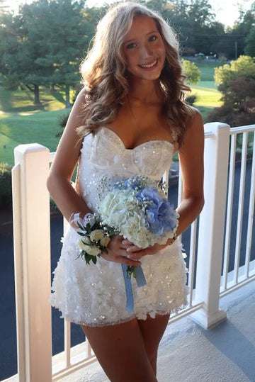Gorgeous White Strapless Sweetheart Floral Appliques Sequins A-Line Short Homecoming Dress AS1203