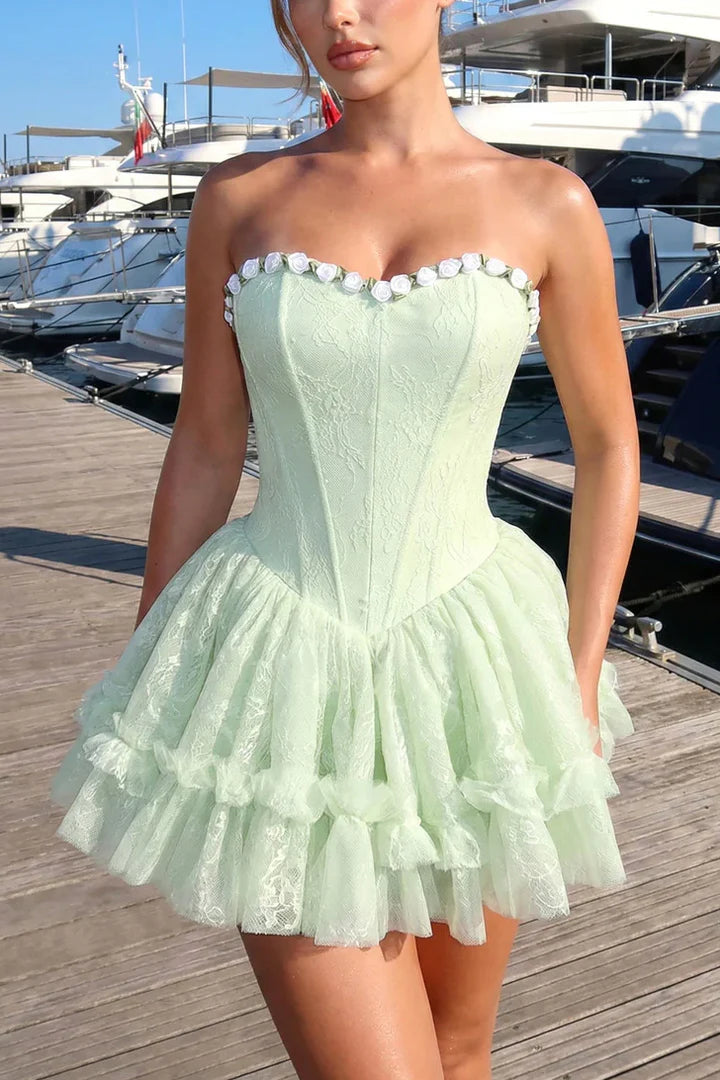 Gogerous Pink Strapless Sweetheart Neck Floral Edge A Line Puffy Tulle Short Homecoming Dress AS1204