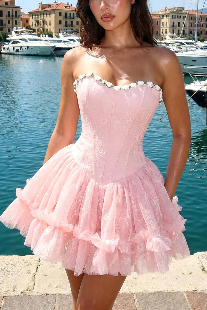 Gogerous Pink Strapless Sweetheart Neck Floral Edge A Line Puffy Tulle Short Homecoming Dress AS1204
