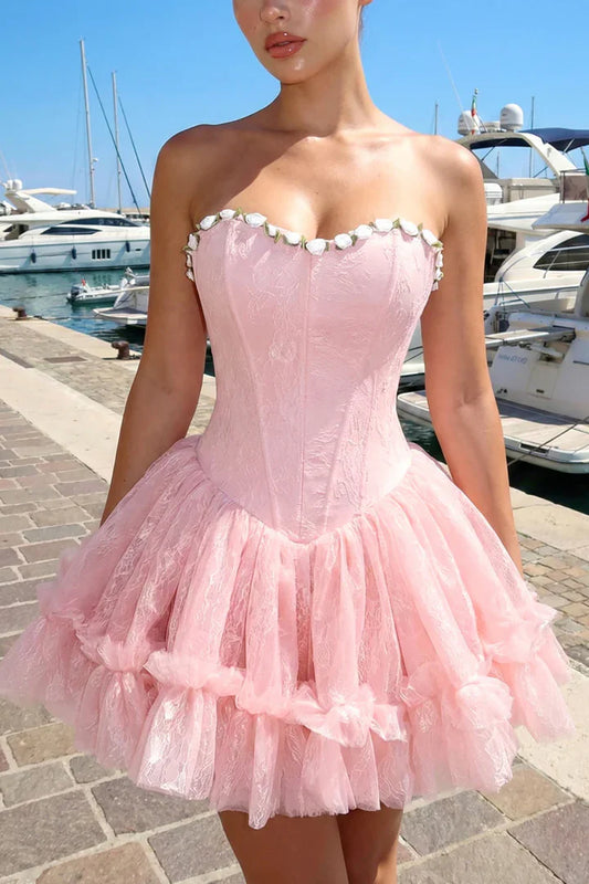 Gogerous Pink Strapless Sweetheart Neck Floral Edge A Line Puffy Tulle Short Homecoming Dress AS1204
