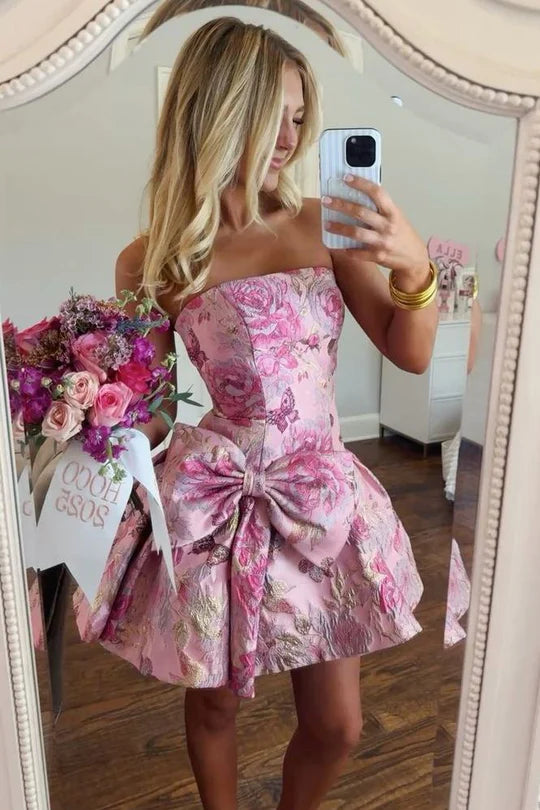 Stunning Pink Jacquard Strapless Oversize Waist Side Bow A-Line Short Homecoming Dress AS1205