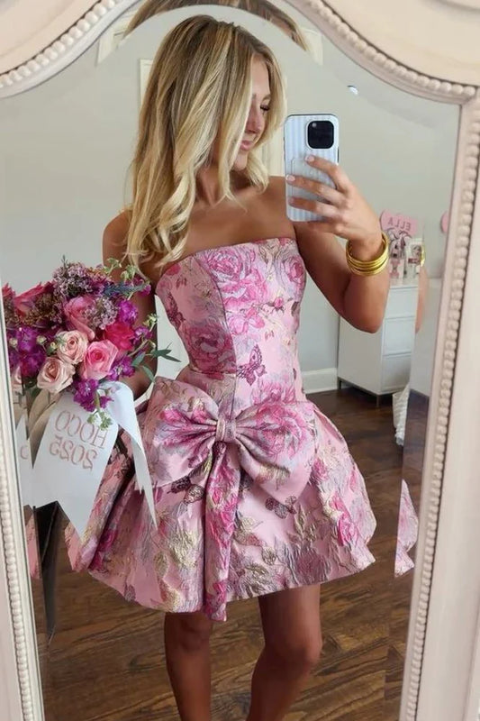 Stunning Pink Jacquard Strapless Oversize Waist Side Bow A-Line Short Homecoming Dress AS1205