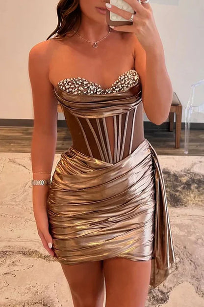 Opulent Metallic Strapless Beaded Sweetheart Neck Corset Side Draped Ruched Bodycon Short Homecoming Dress AS1206