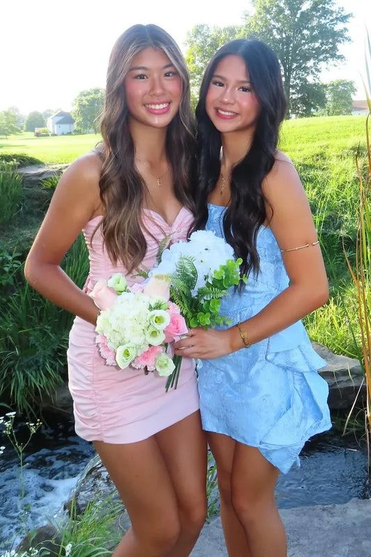 Cute Pink Strapless Keyhole Pleated Sweetheart Neck Bodycon Mini Homecoming Dress AS1207