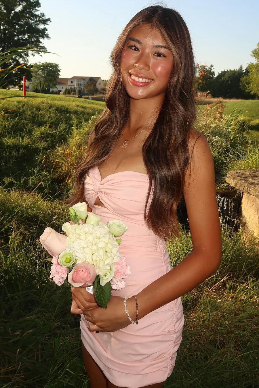 Cute Pink Strapless Keyhole Pleated Sweetheart Neck Bodycon Mini Homecoming Dress AS1207