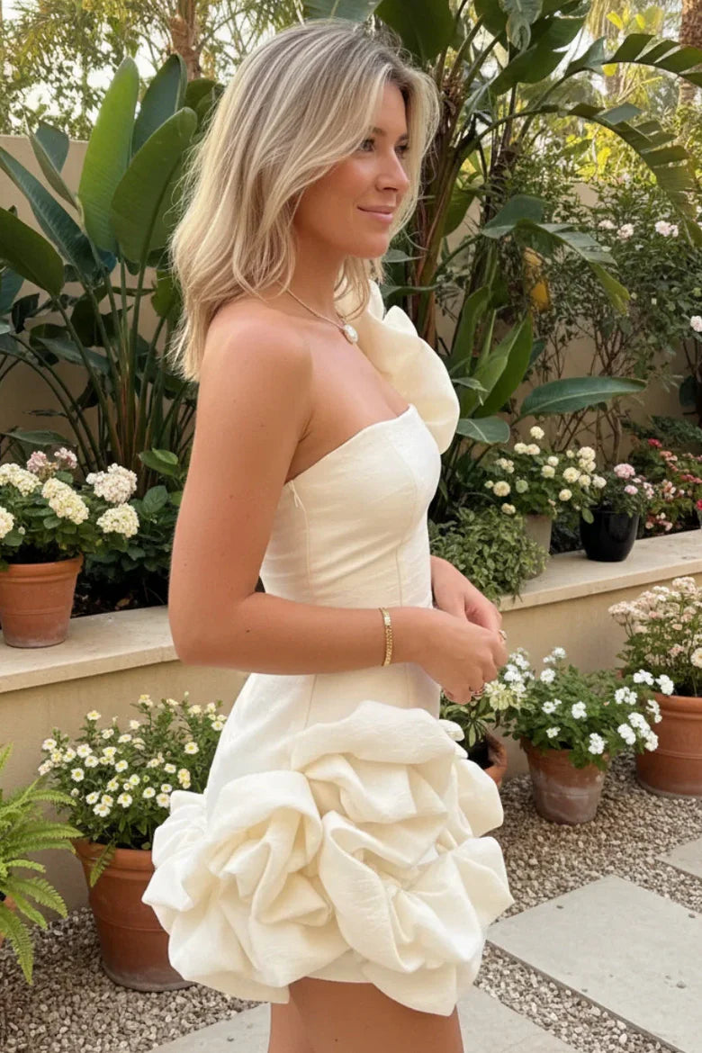 Romatic Blue One Shoulder Ruched 3D Flower Bodycon Short Homecoming Dress AS1209