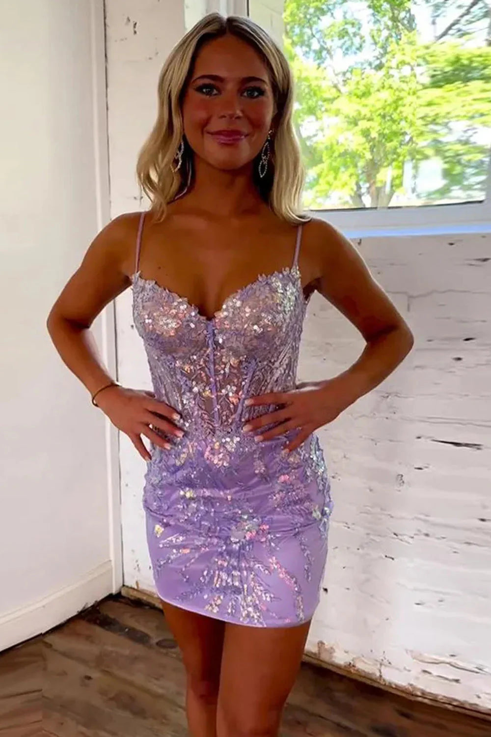 Lilac Sparkly Bodycon Dress With Spaghetti Straps And Sequin Details Homecoming Dress AS121