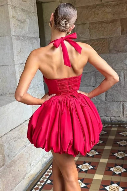 Chic Halter Red Pleated Satin A-line Short Homecoming Dress AS1214