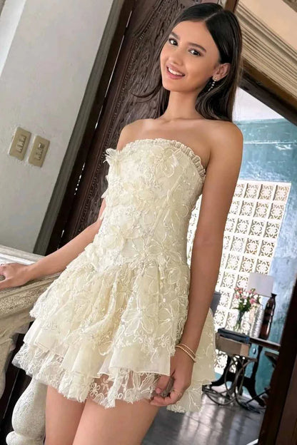 Exquisite Ivory Strapless Floral Lace Tulle A Line Puffy Mini Homecoming Dress AS1215