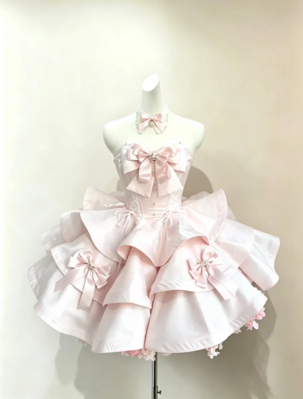 Cute Light Pink Strapless Oversize Bows Multi-Layer Ruffle A Line Short Homecoming Dress AS1220