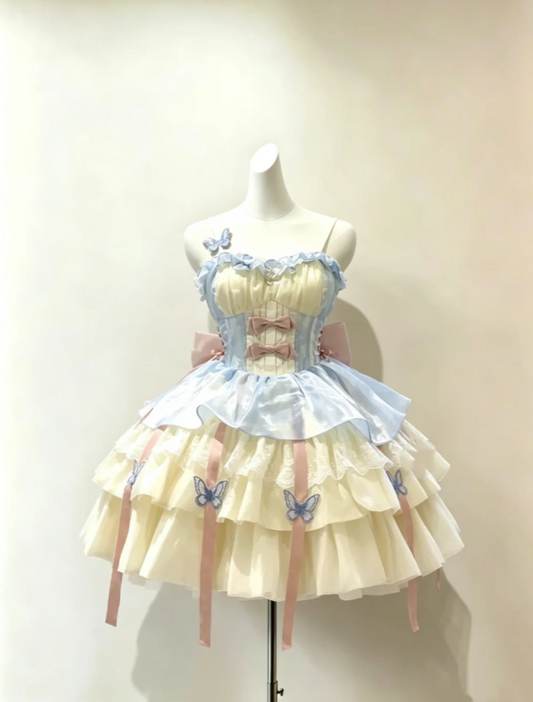 Unique Light Blue Cream Yellow Spaghetti Straps Sweetheart Neck Multi-Layer Skirt Short Homecoming Dress With Butterfly Applique And Bows AS1223
