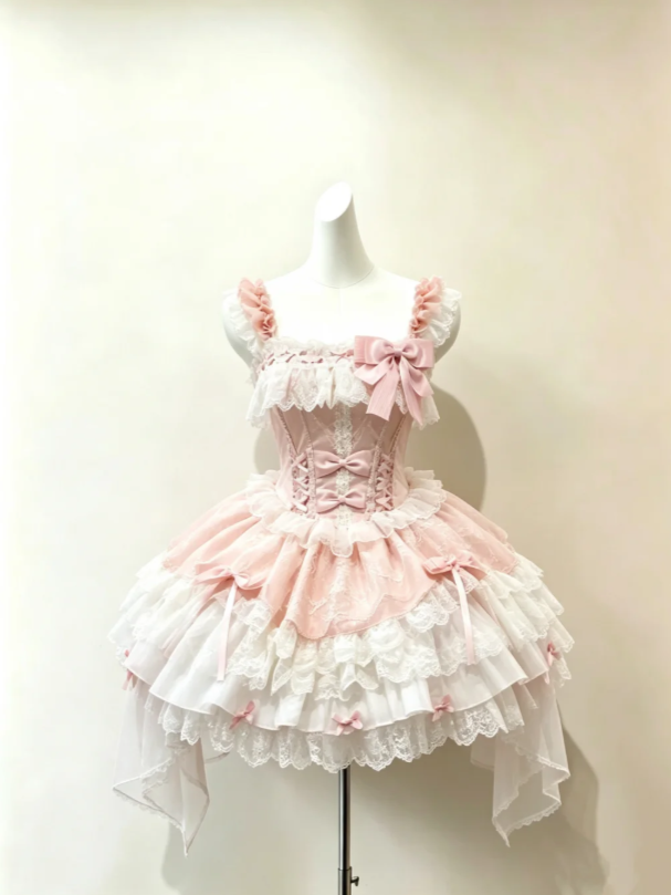 Cute Blush Pink Square Neck Ruffle Straps Irregular A Line Tier Lace Skirt Short Homecoming Dress With Bows AS1225
