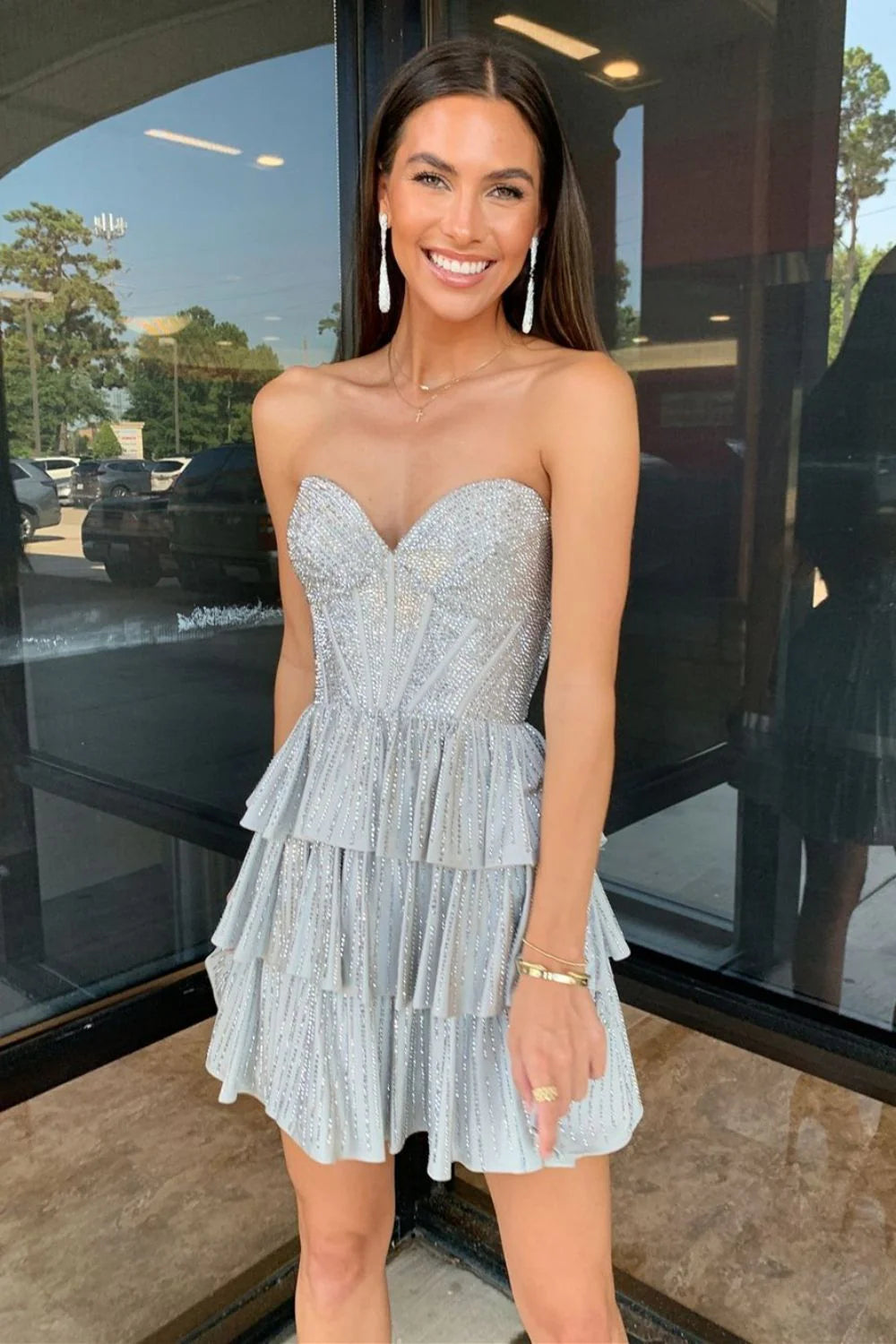 Sparkly Gorgeous Sweetheart A-Line Homecoming Dress With Short Tiered Beaded Skirt AS123