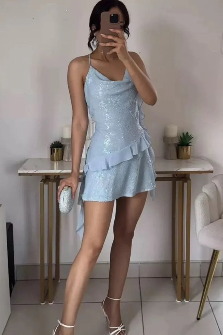Glitter Light Blue Spaghetti Straps Cowl Neck Sequins Ruffles A Line Short Homecoming Dress AS1232