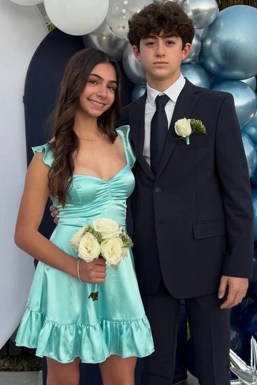 Lovely Blue Ruffle Straps Ruched Sweetheart Bust Ruffle Hem Satin A Line Mini Homecoming Dress AS1235