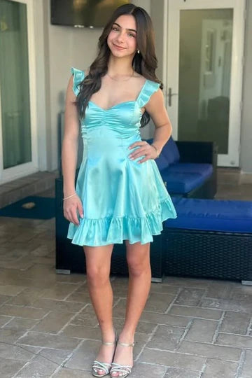 Lovely Blue Ruffle Straps Ruched Sweetheart Bust Ruffle Hem Satin A Line Mini Homecoming Dress AS1235