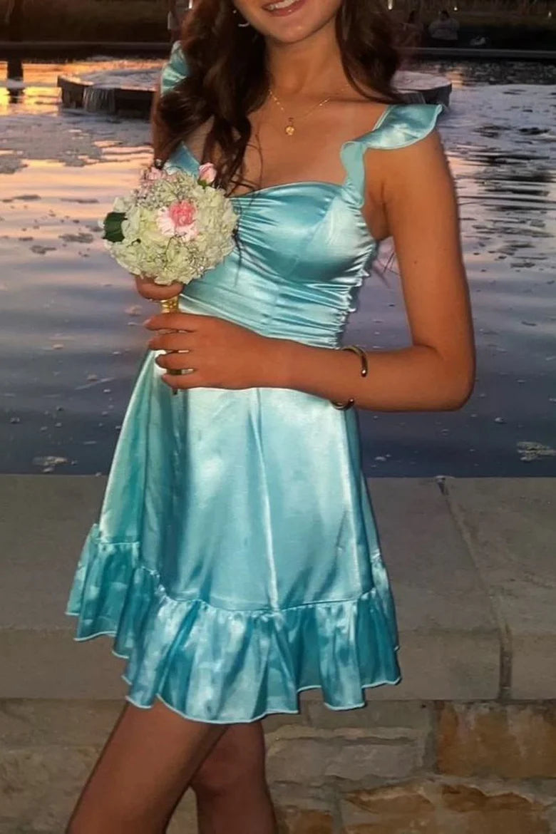 Lovely Blue Ruffle Straps Ruched Sweetheart Bust Ruffle Hem Satin A Line Mini Homecoming Dress AS1235