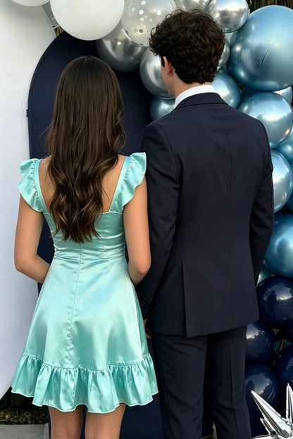 Lovely Blue Ruffle Straps Ruched Sweetheart Bust Ruffle Hem Satin A Line Mini Homecoming Dress AS1235
