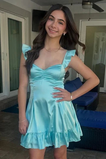 Lovely Blue Ruffle Straps Ruched Sweetheart Bust Ruffle Hem Satin A Line Mini Homecoming Dress AS1235