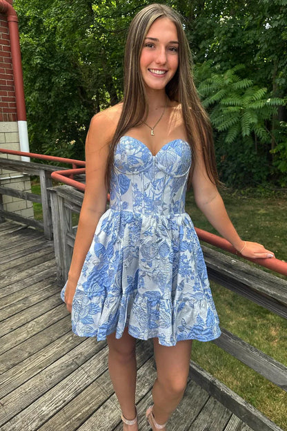Glam White Blue Floral Jacquard Strapless Sweetheart Neck A Line Short Homecoming Dress AS1237