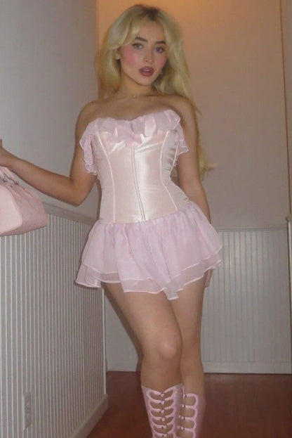 Lovely Light Pink Strapless Ruffle Bust Satin Corset A Line Mini Chiffon Skirt Homecoming Dress AS1239