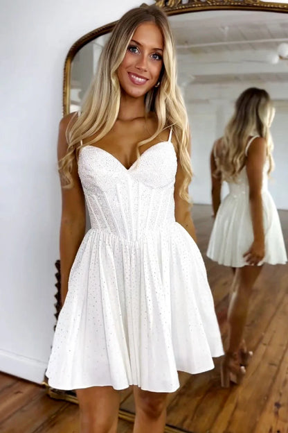 Glitter White A-Line Spaghetti Straps Short Dress With Beading Homecoming Dress AS124
