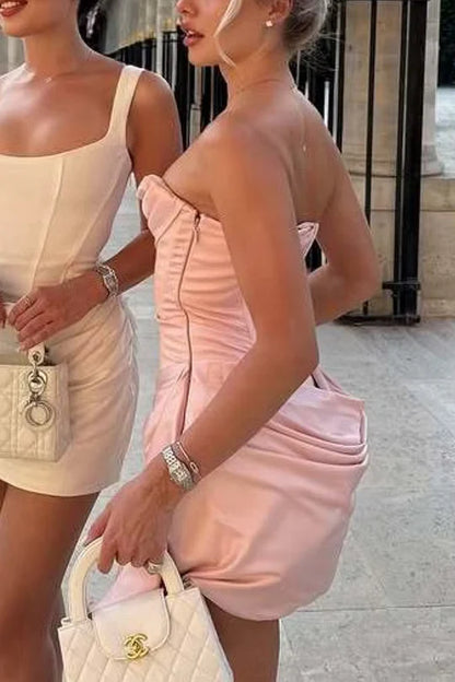 Elegant Light Pink Strapless Draped Cowl Bust Satin Bodycon Mini Homecoming Dress With Side Long Sash AS1241