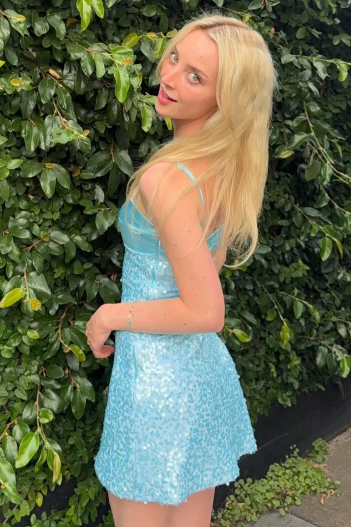 Chic Blue Spaghetti Straps Sequined Sheath Mini Homecoming Dress AS1247