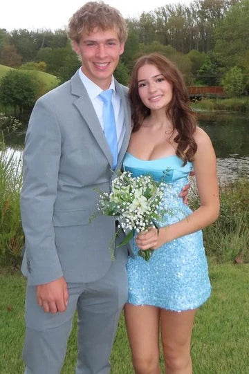 Chic Blue Spaghetti Straps Sequined Sheath Mini Homecoming Dress AS1247