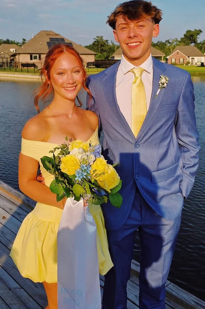 Elegant Yellow Off-Shoulder V-Neck Ruched Satin Backless A-Line Bubble Short Homecoming Dress AS1250