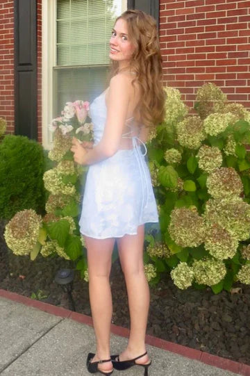 Cute Blue Spaghetti Straps Back Lace Up A-Line Jacquard Short Homecoming Dress AS1252