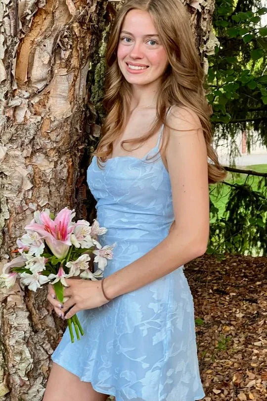 Cute Blue Spaghetti Straps Back Lace Up A-Line Jacquard Short Homecoming Dress AS1252