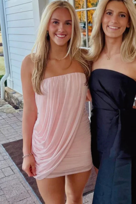 Chic Pink Strapless Pleated Chiffon Bodycon Short Homecoming Dress AS1253