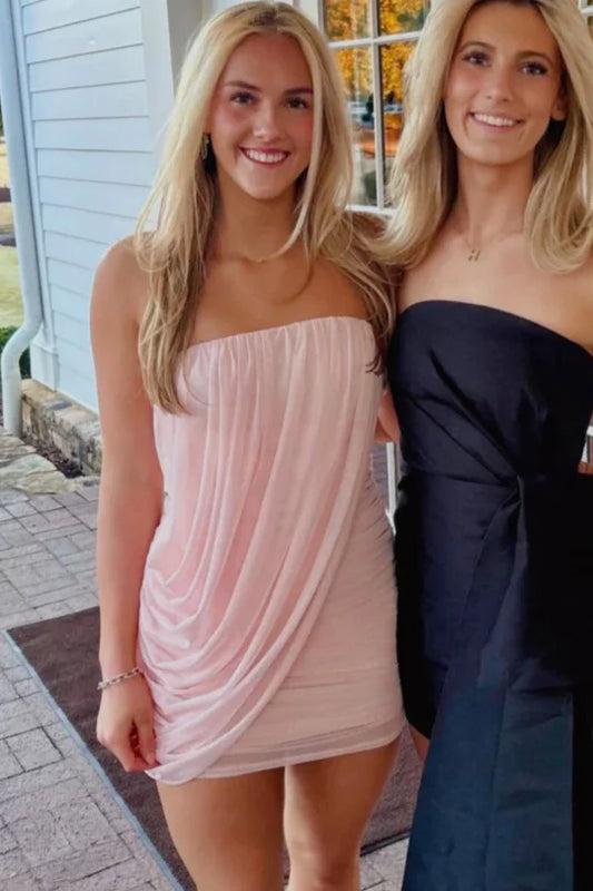 Chic Pink Strapless Pleated Chiffon Bodycon Short Homecoming Dress AS1253
